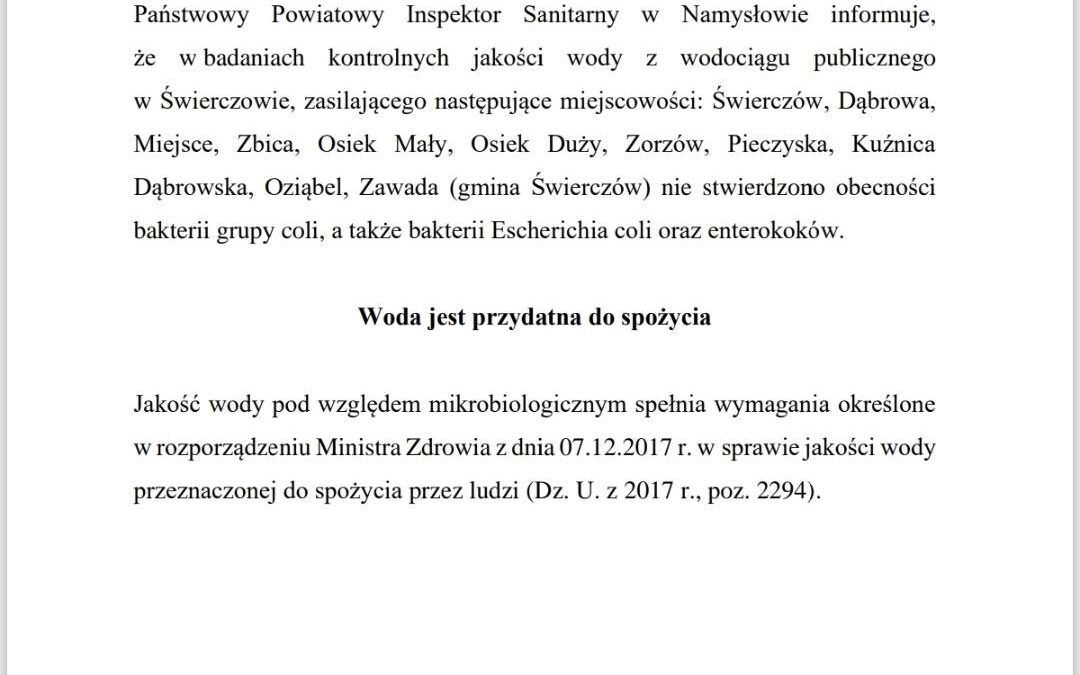 KOMUNIKAT – WODA ZDATNA DO SPOŻYCIA