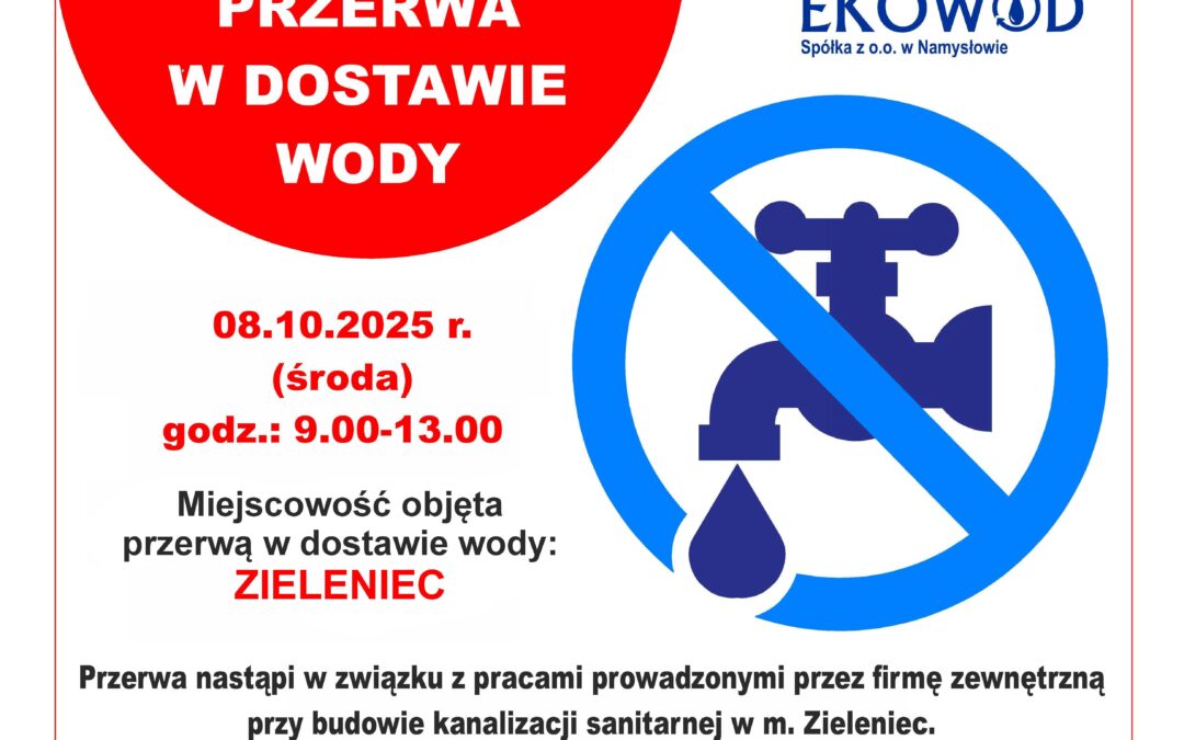 PRZERWA W DOSTAWIE WODY NA TERENIE GMINY POKÓJ