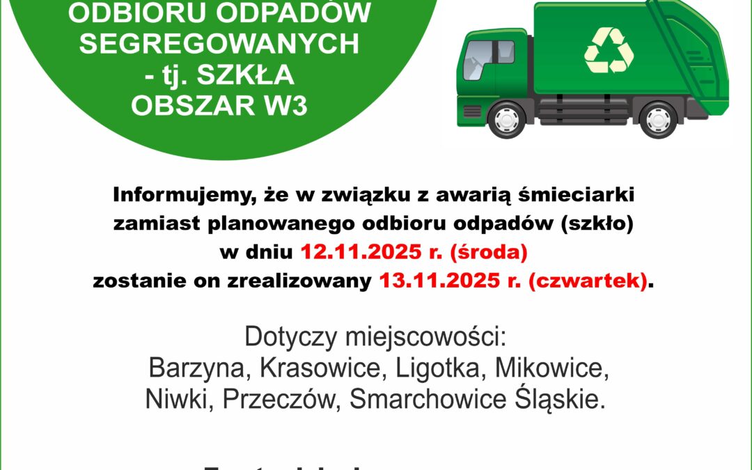 ZMIANA TERMINU ODBIORU ODPADÓW – OBSZAR W3